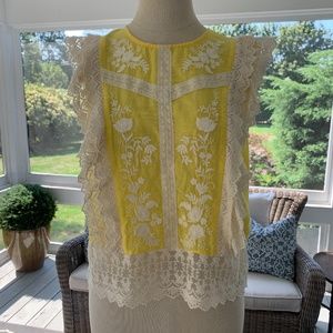 Zara Yellow / White Lace Ruffle Sleeveless Blouse